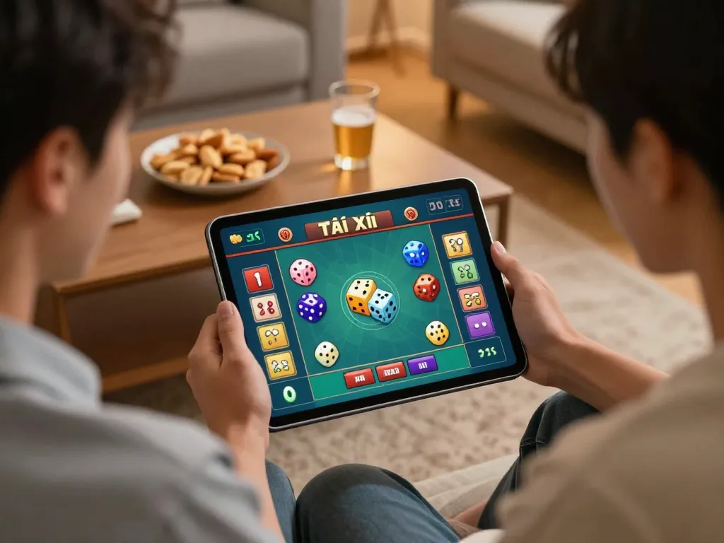 Tài xỉu online gameplay on a tablet in a cozy home, showing friends engaging and enjoying their gaming experience.