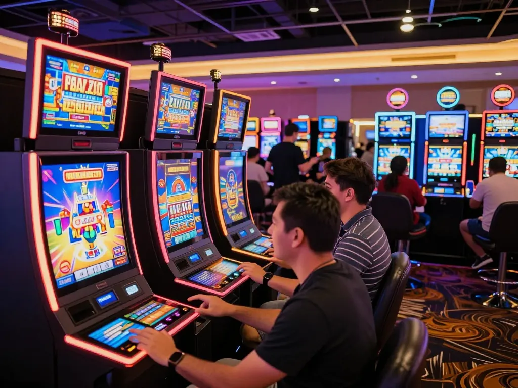 Players engaging with slot machines at nk88mvp, showcasing vibrant gaming atmosphere and excitement.