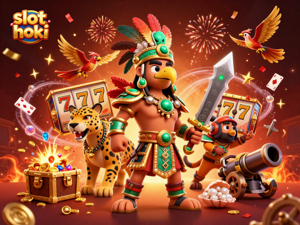 Experience the thrill of slot hoki with dynamic characters and casino elements in a rich, 3D illustration.