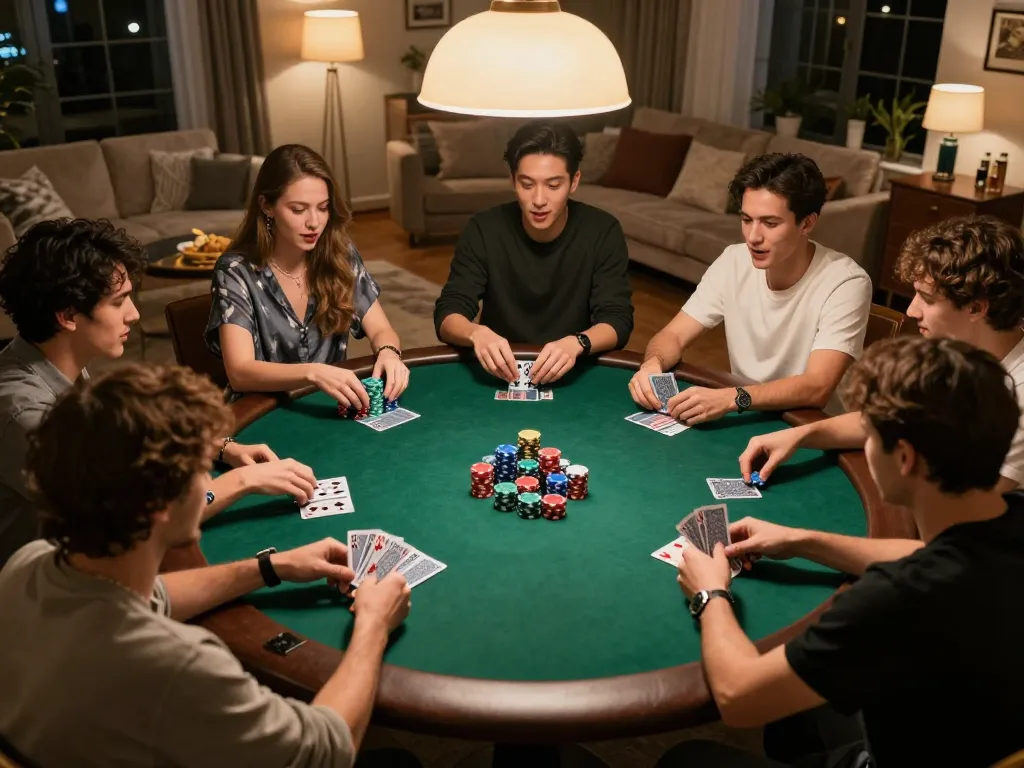 Engaging poker night with friends showcasing the g28 game cards and chips in a cozy home setting.