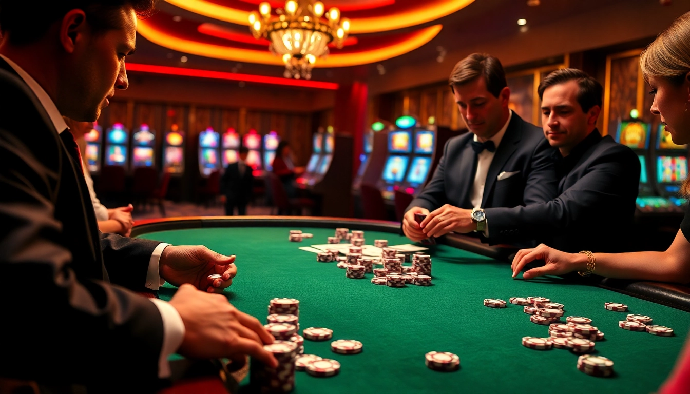 Players enjoying high-stakes poker at topclub casino, featuring vibrant poker chips and a professional dealer.