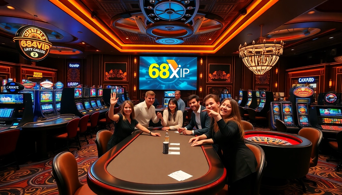 Exciting gamblers enjoying live games at the 68VIP online casino, showcasing joy and high stakes.