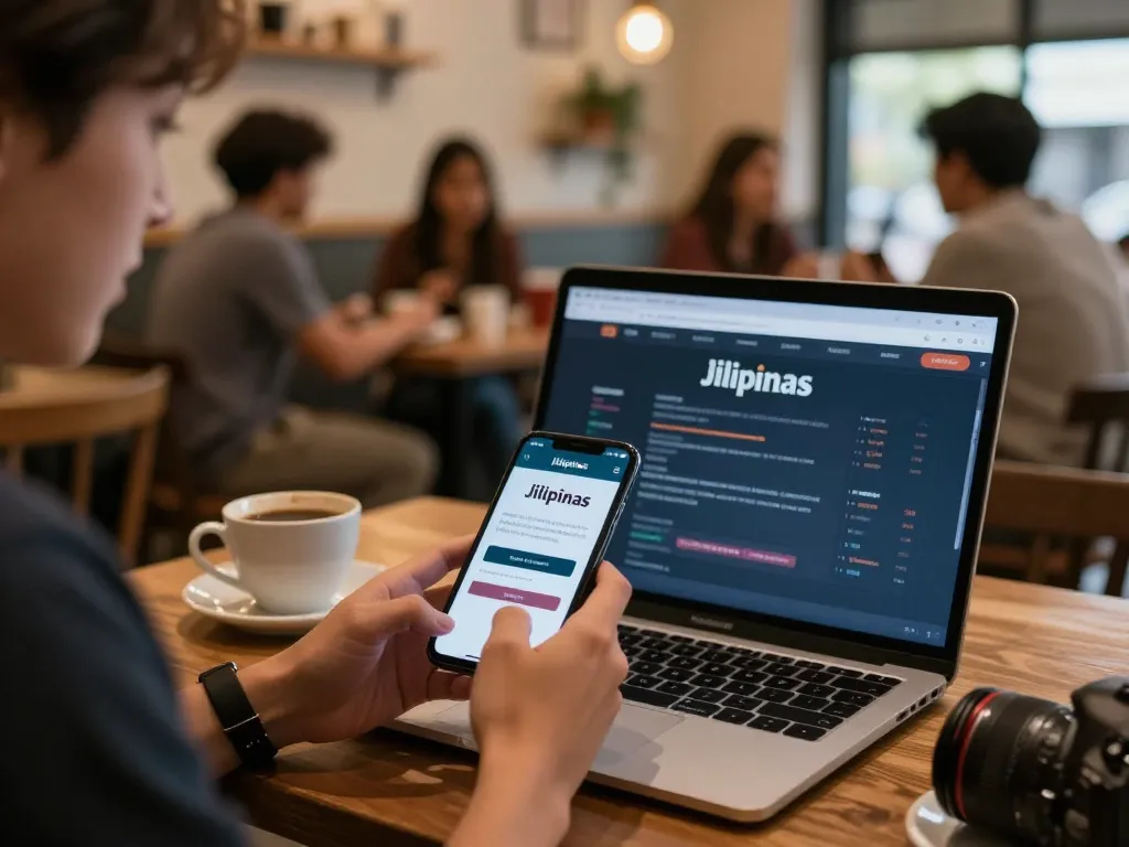 Engaging scene of a successful Jilipinas login as a player connects with the online casino while enjoying coffee.