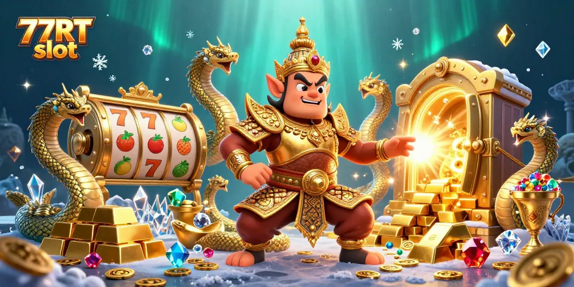 Play the exciting 77RT slot surrounded by vibrant treasures and vivid characters in this 3D digital illustration.
