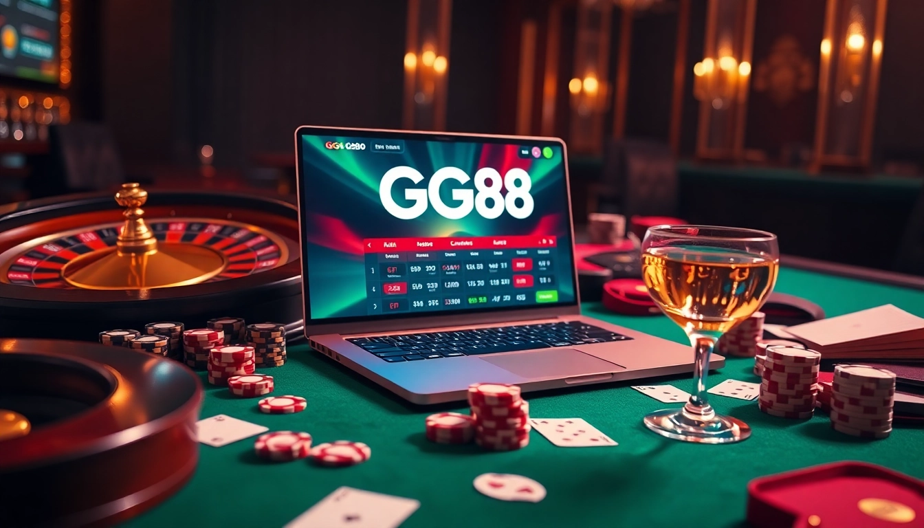 Experience immersive gameplay with GG88 on a sleek laptop surrounded by classic casino elements.