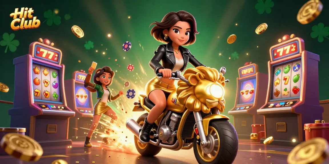 Hit Club features a glamorous Asian woman riding a golden lion, surrounded by slot game elements, creating an exciting casino atmosphere.
