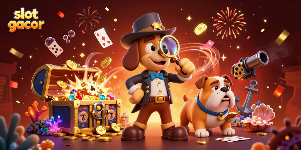 Engage with slot gacor as the detective investigates a golden poker chip among colorful casino elements.