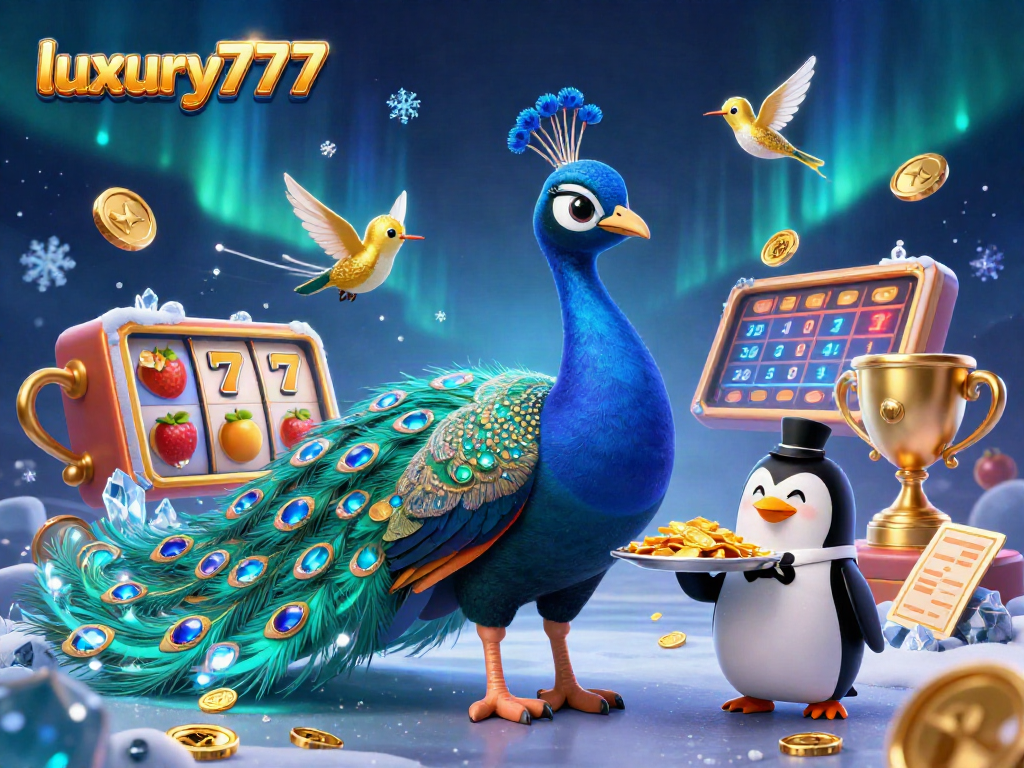 Menangkan jackpot di luxury777 dengan merak megah dan pengantar pelayan membawa chip emas.
