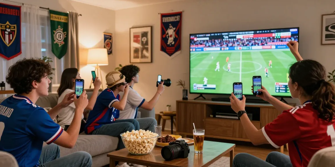 Fans enjoying كورة لايف in a cozy living room during a live match, filled with excitement and team spirit.
