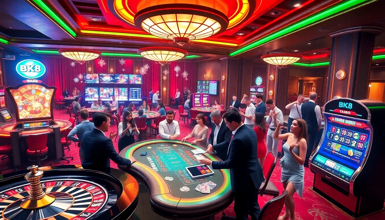 Experience the excitement of BK8 casino with players engaging at roulette and poker tables.