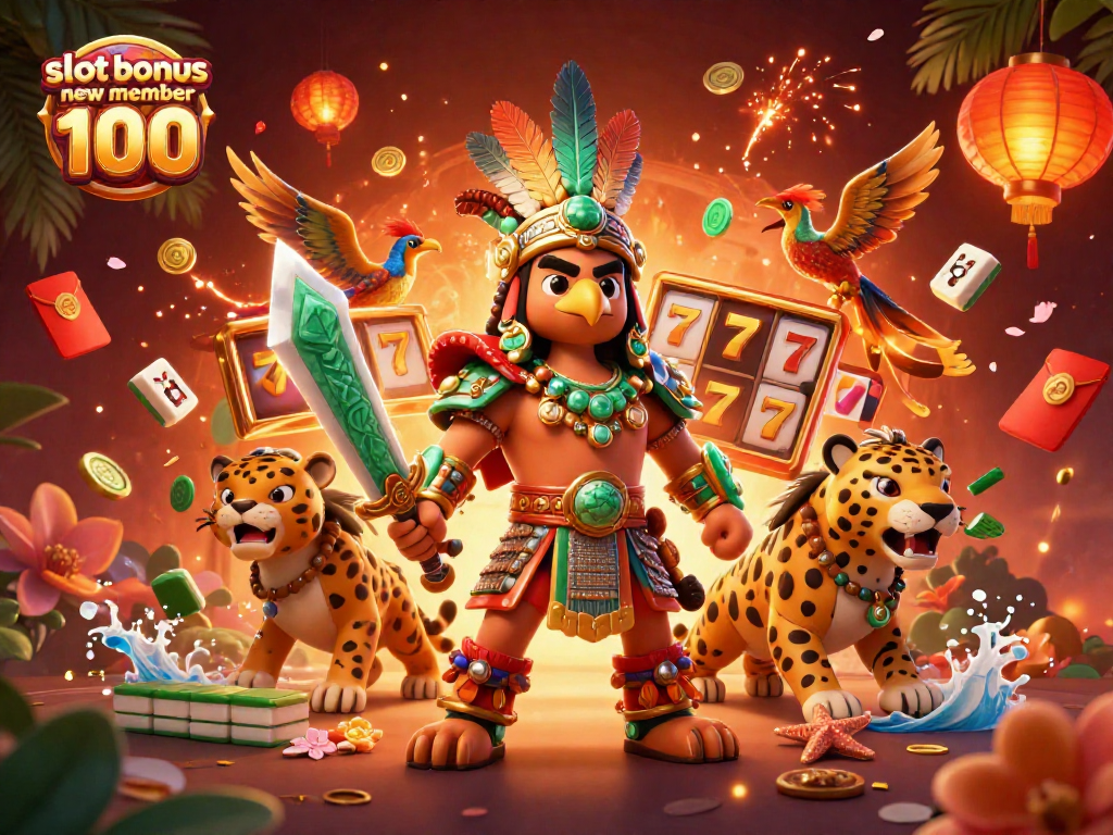 Engage with slot bonus new member 100 offers, showcasing vibrant 3D casino elements and characters.