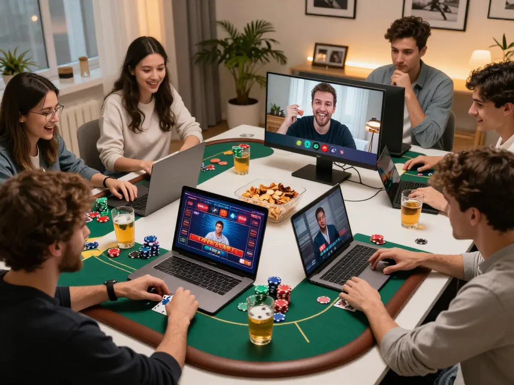 Pemain Tante77 terlibat sesi poker online dengan antarmuka permainan yang vibrant dan interaksi sosial