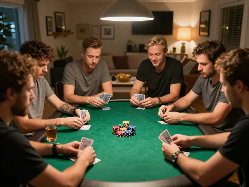 Friends playing game 88i during a cozy home poker night, showcasing strategic gameplay and social bonding.
