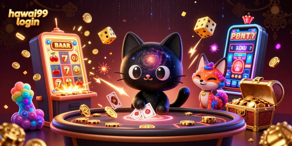 Experience the excitement of hawai99 login at a cosmic casino with a playful cat and vibrant fox.