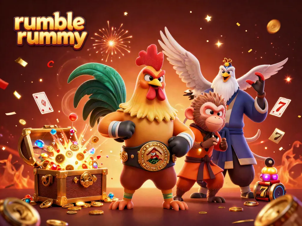 Experience the excitement of rumble rummy with a colorful, dynamic casino scene featuring unique characters.