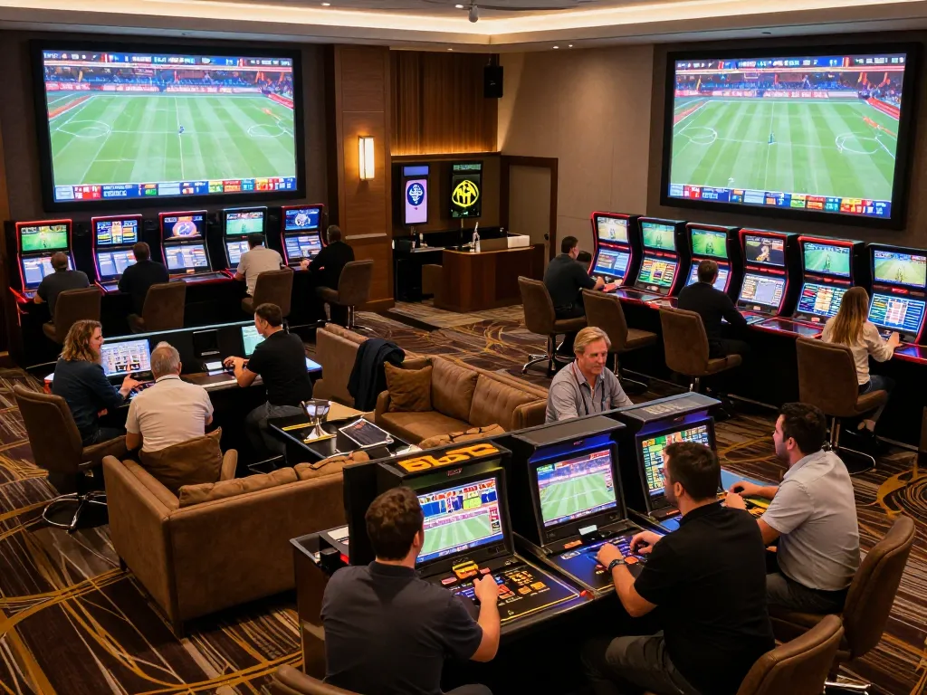 cm88 bettors engaging in thrilling sports gambling at a stylish casino