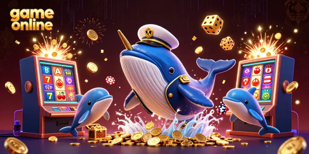 Experience immersive game online action with vibrant characters breaching a sea of coins in this captivating illustration.