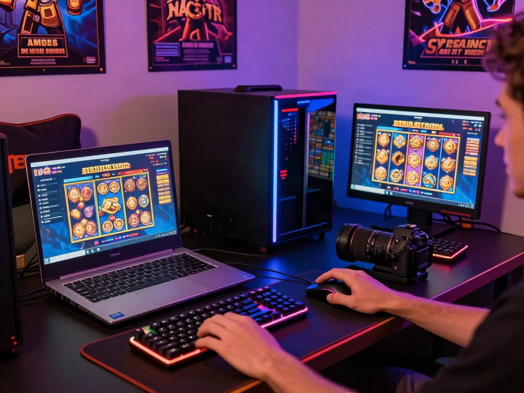 Engaging online gaming scene showcasing situs slot gacor thailand with colorful LED lights and gaming accessories