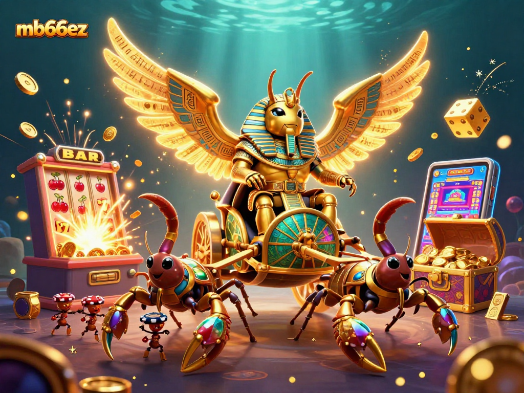 Engage in thrilling jackpots with mb66ez, featuring a golden scarab beetle and dynamic casino action.
