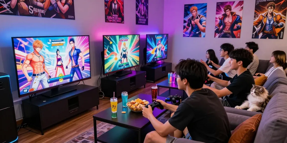 Engaged friends playing a gay hentai game with vibrant graphics in a lively gaming setting.