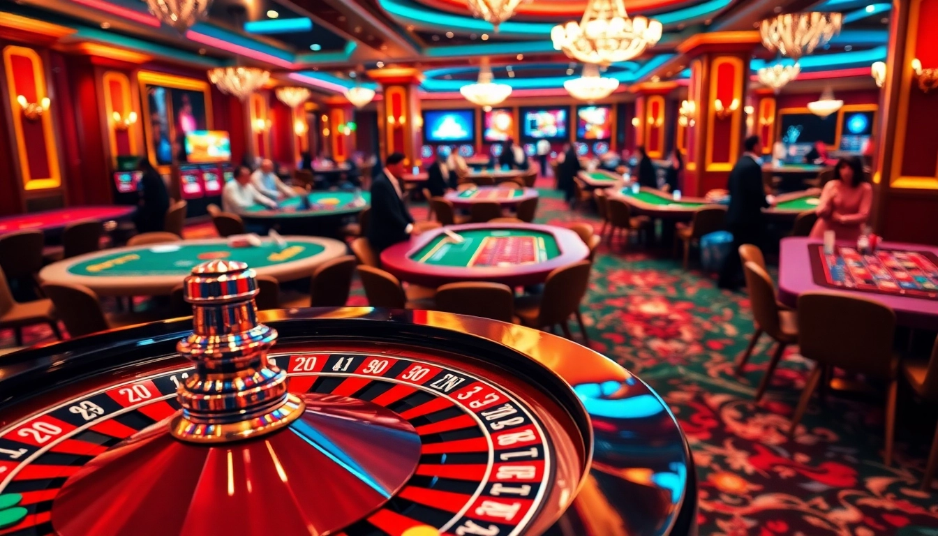 Kubet77 players enjoying a high-stakes game at a lavish casino table with roulette and poker.