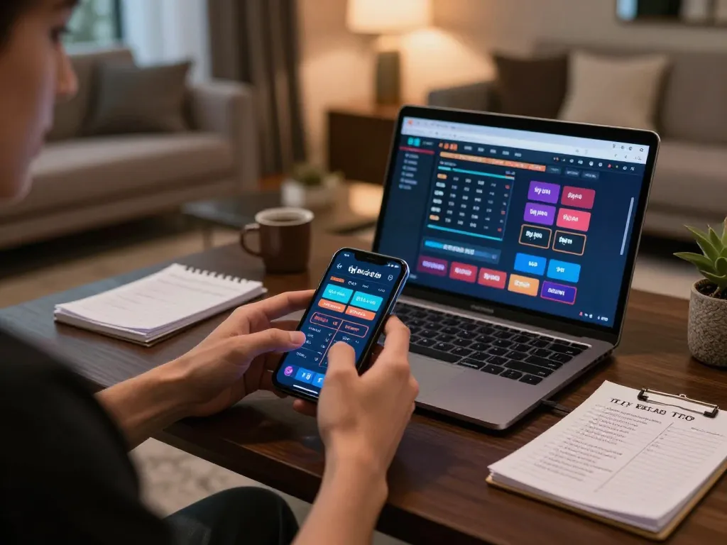 Engaging with smartphone displaying tỷ lệ cá cược in a stylish online gaming setup.