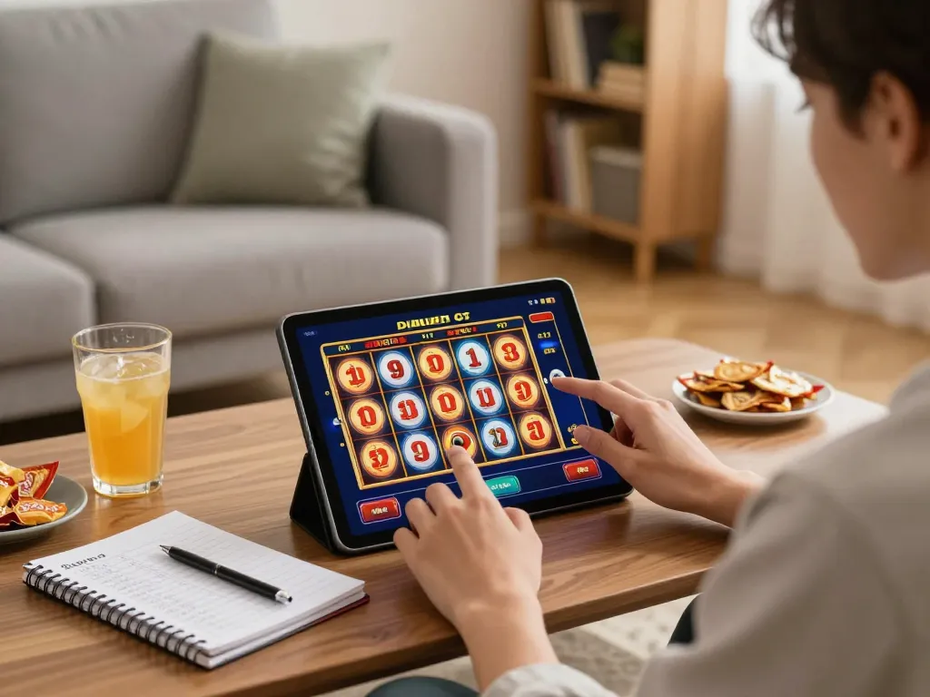 Enjoying situs slot gacor on a tablet in a cozy home gaming setup.