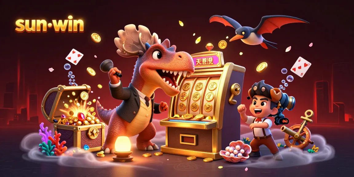 Sun-win features an exciting scene with cartoon dinosaurs in a casino jackpot setting!