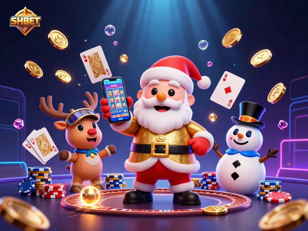 Engage in thrilling gameplay with SHBET in a vibrant casino scene featuring Santa, a reindeer dealer, and poker chip snowman.