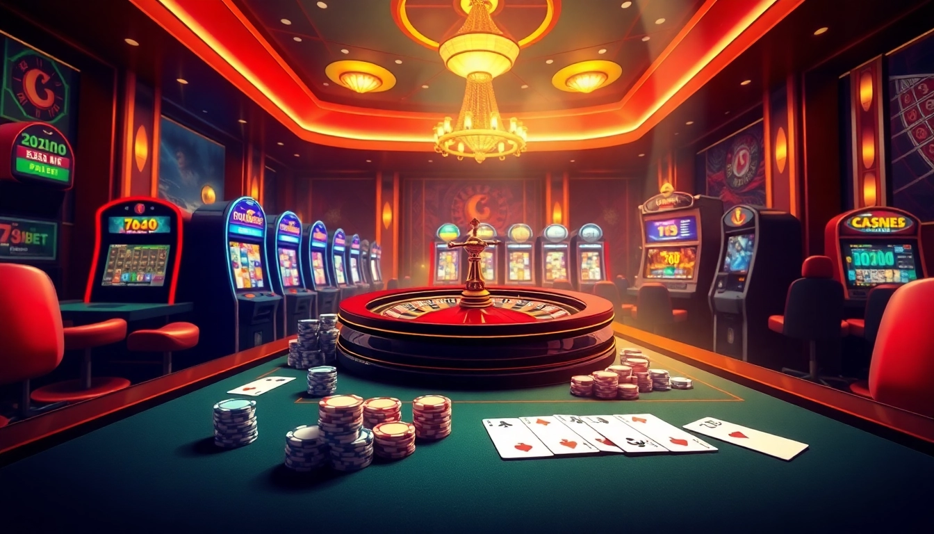 Exciting casino scene featuring 789bet table games and slot machines in a luxurious setting.