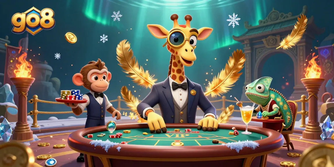 Experience the excitement of go8 with a high-roller giraffe playing poker among stunning casino elements.
