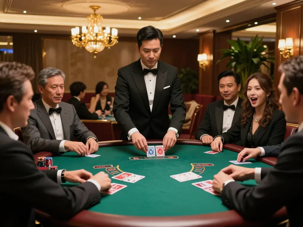 MAY88 bettors enjoying a high-stakes blackjack game with a professional dealer in a luxurious casino setting.