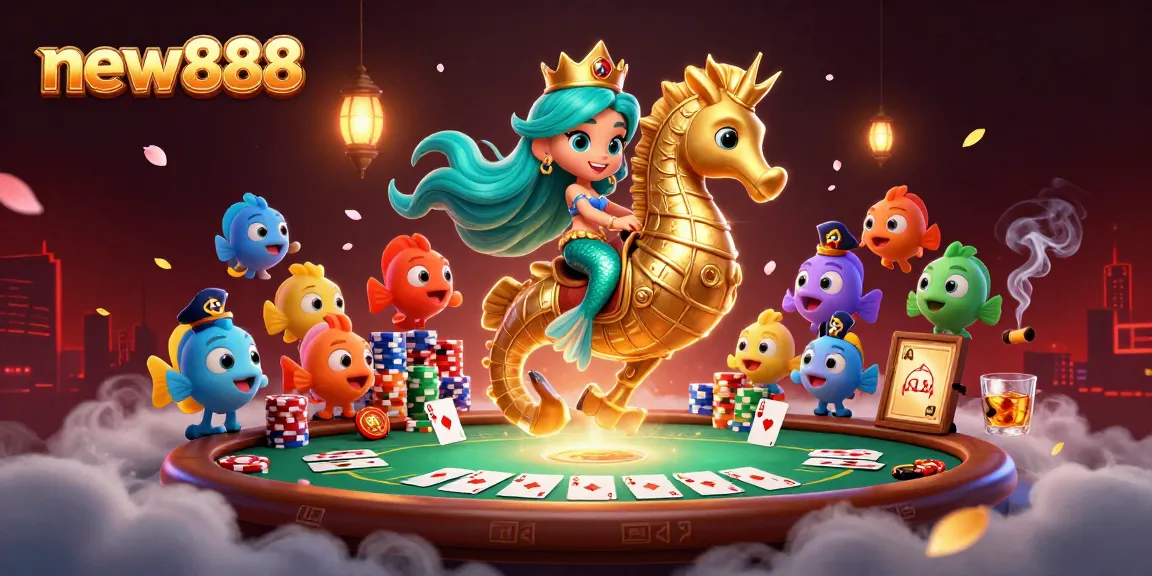 Experience the excitement of new888 with a mermaid and seahorse in a colorful casino scene.