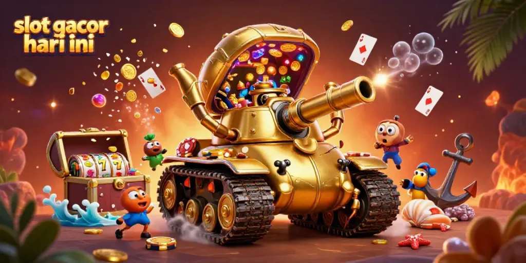Engage in the thrill of slot gacor hari ini with a vibrant casino scene featuring a golden beetle tank and energetic game elements.