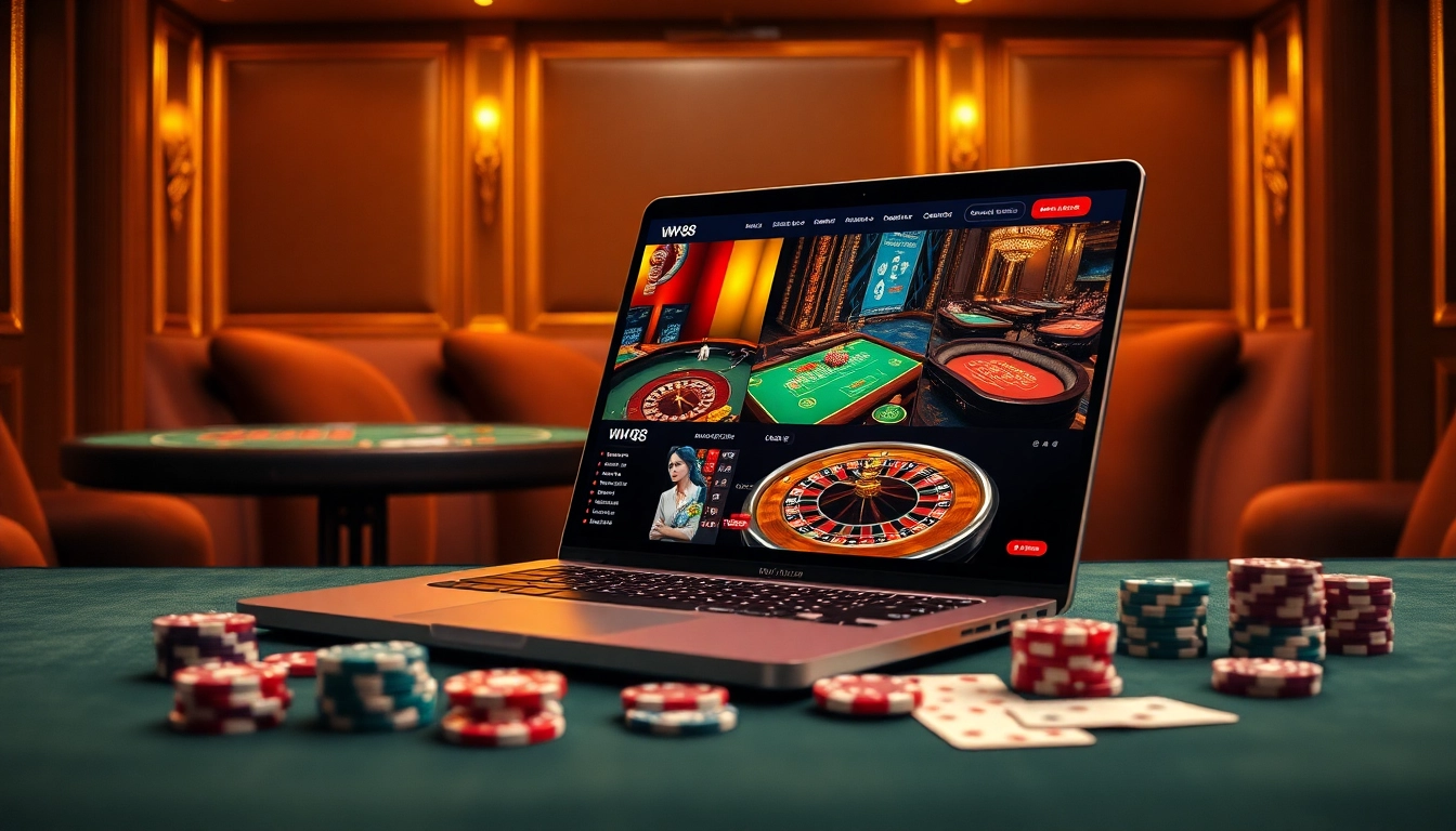 Engage with WW 88 by visualizing an elegant casino gaming interface surrounded by vibrant gambling elements.