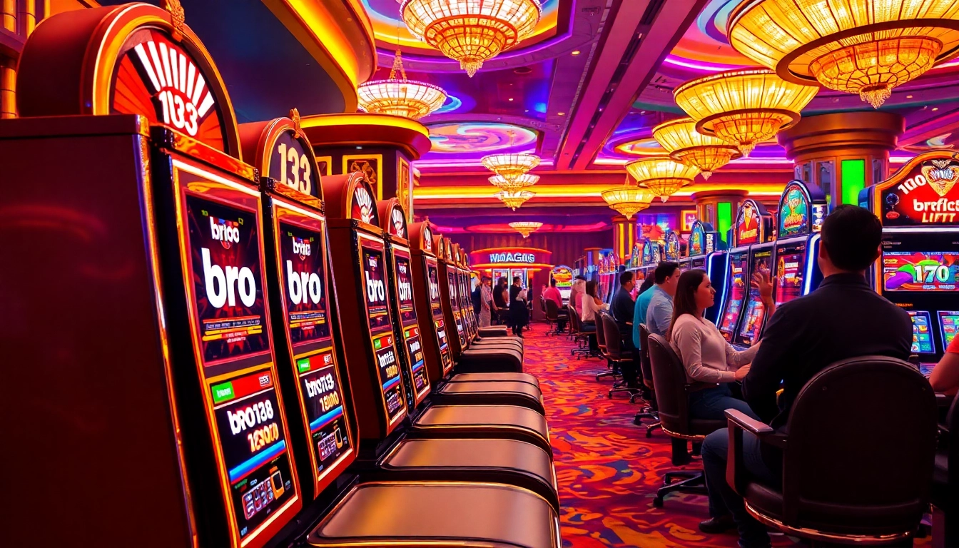 Players enjoying casino experiences at bro138, surrounded by luxurious slot machines and excitement.