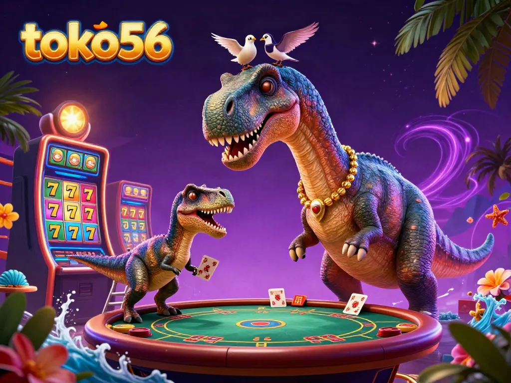 Permainan slot interaktif di toko56 dengan karakter dinosaurus lucu dan elemen kasino.