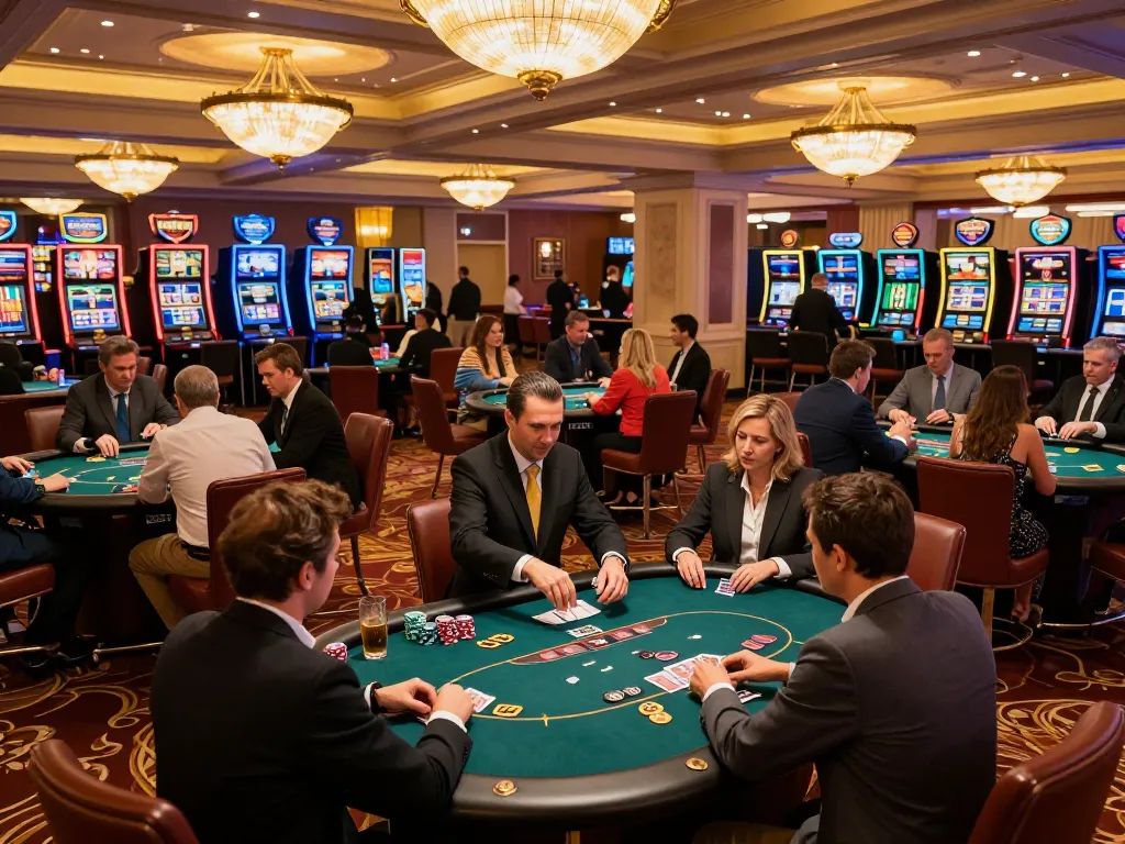 KJC players engaging intensely at poker tables in a luxurious casino setting.