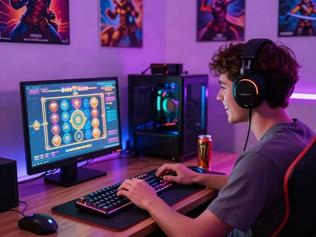 Exciting gaming environment with akunjp slot game displayed on a monitor, showcasing vibrant LED lights and gaming accessories.