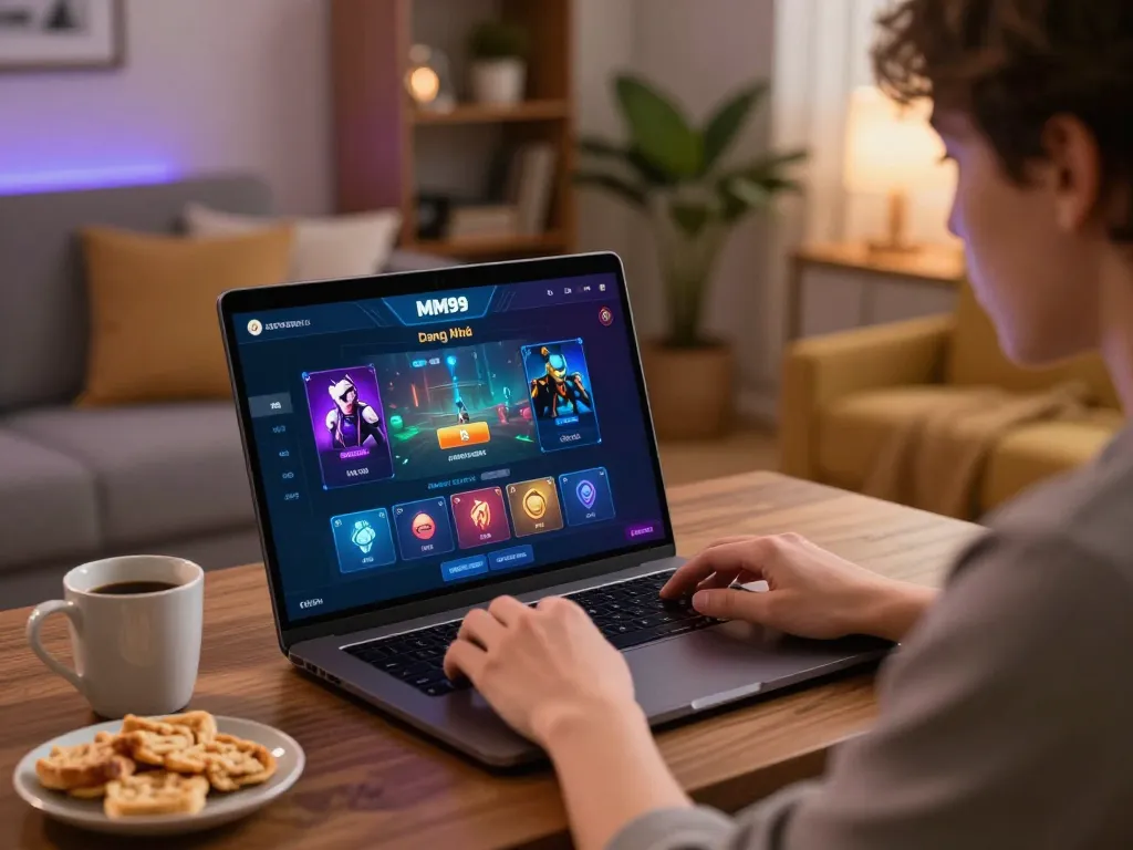 Engaging with the MM99 Đăng Nhập on a laptop, showcasing a strategic online gaming session.