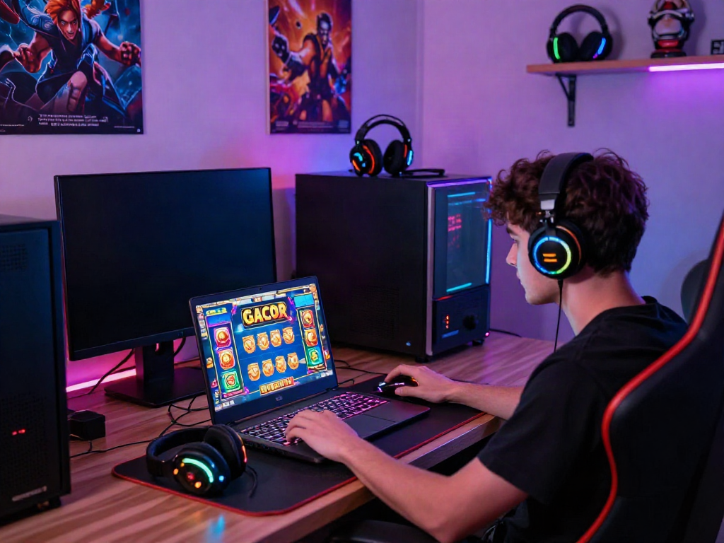 Engaging player enjoying SLOT GACOR gaming on a laptop in a vibrant setup.
