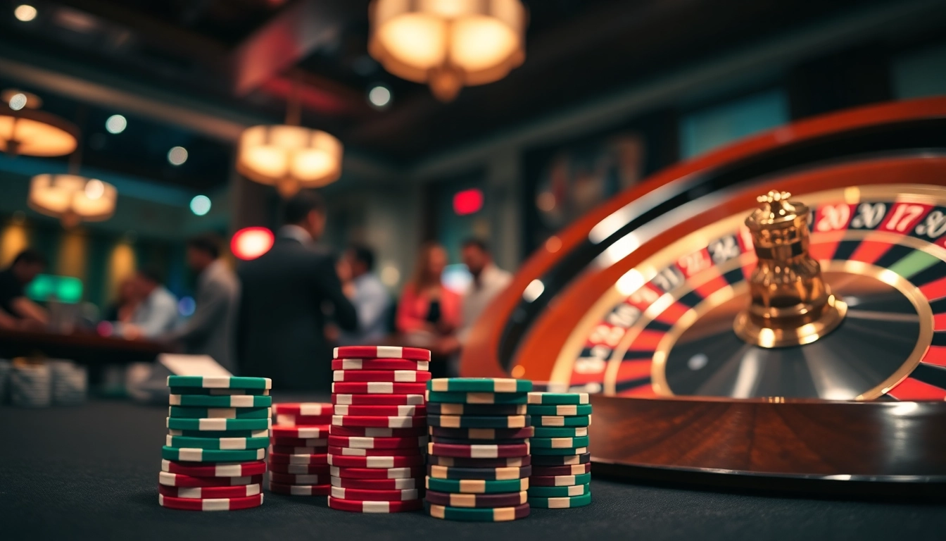 Permainan jalantoto dengan chip poker berwarna cerah dan roda roulette yang menarik perhatian.