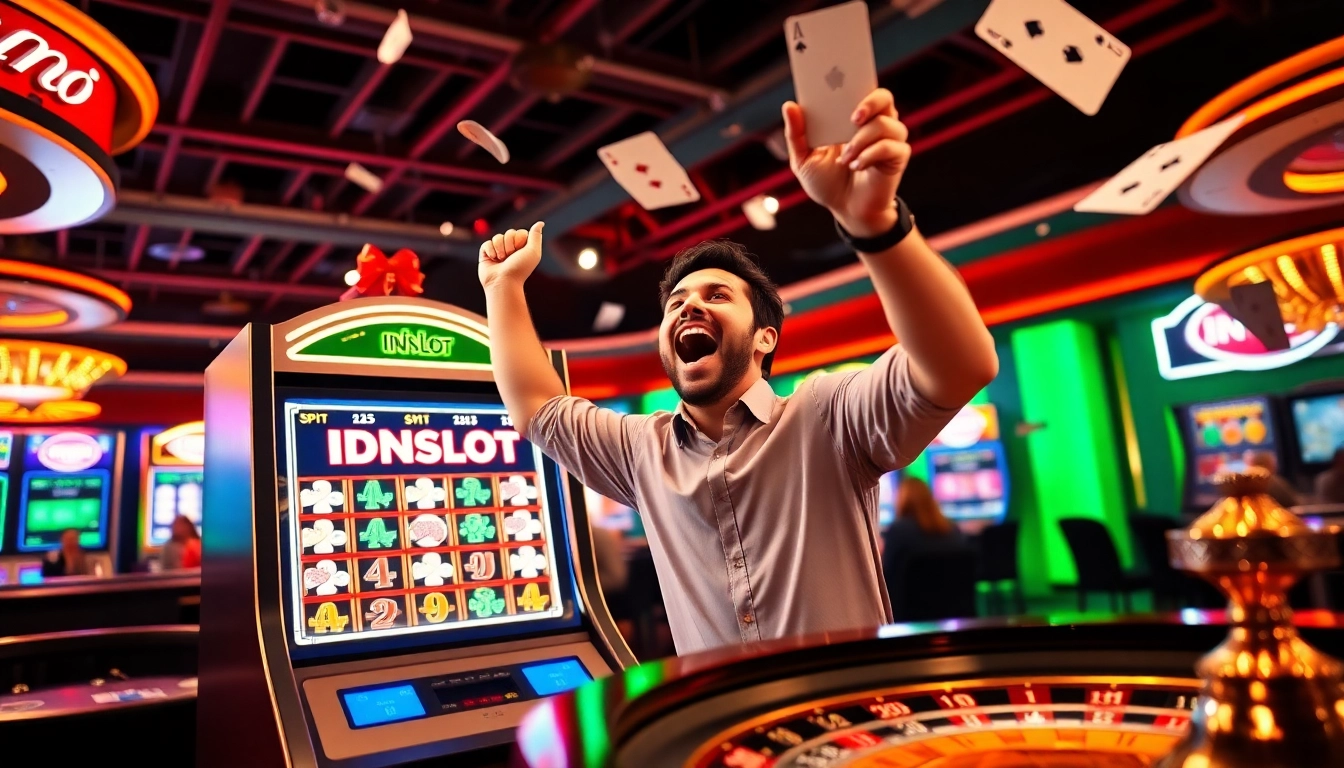 Player celebrating a big win on IDNSLOT amidst vibrant casino elements, enhancing the excitement.