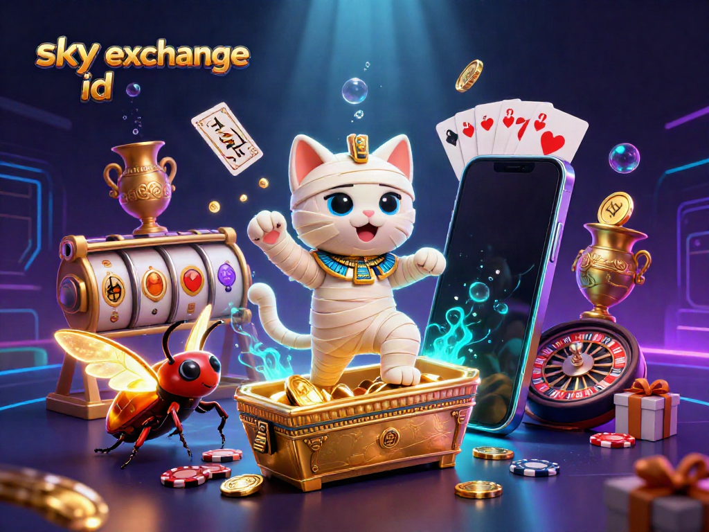 Experience thrilling betting with sky exchange id featuring a lively Egyptian mummy cat and casino elements.