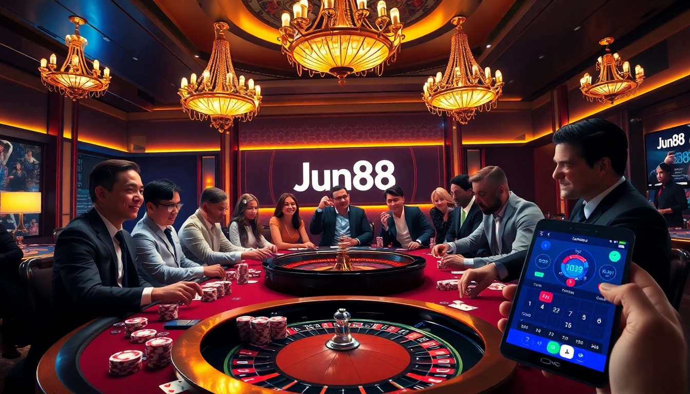 Players enjoying a thrilling casino experience at Jun88, highlighted by colorful poker chips and cards.