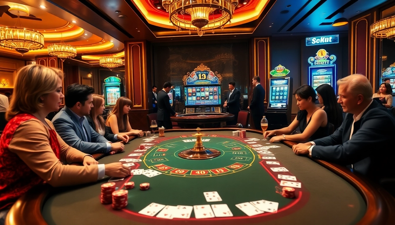 s8 bet players enjoying strategic gameplay at an upscale casino table, vibrant atmosphere