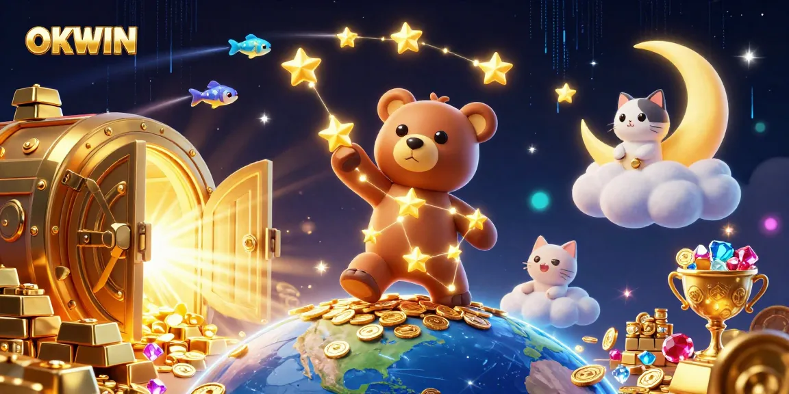 Experience vibrant casino excitement with OKWIN, as golden stars and treasures illuminate gaming fun.