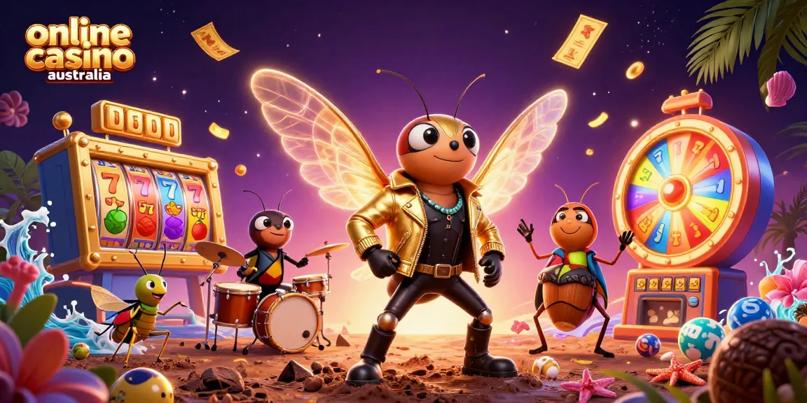 Engage with the vibrant scene of online casino australia featuring a cicada rock star amidst colorful slot elements.