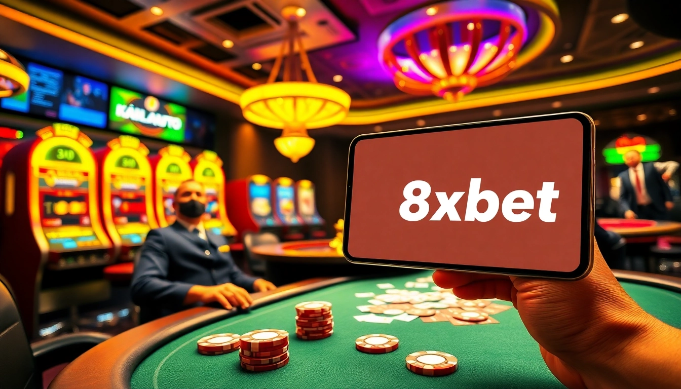 Engage in thrilling casino activities with the "link vào 8xbet" on a vibrant poker table.