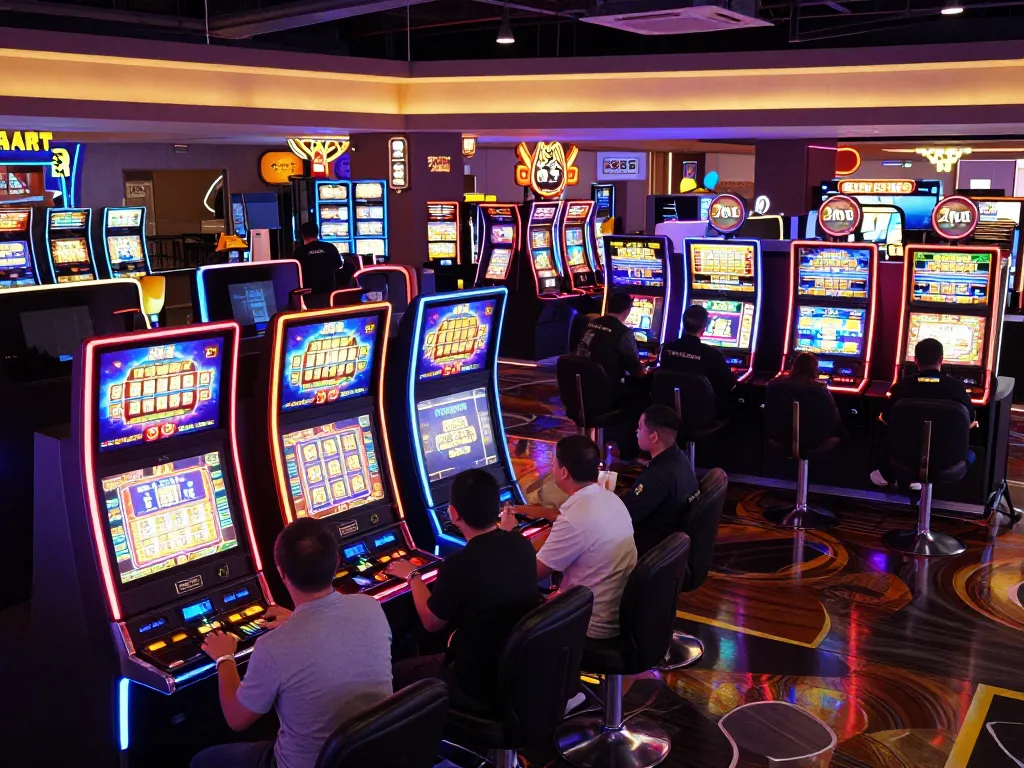 Players enjoying slot machines in a colorful casino environment with vibrant digital displays.